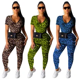Sexig V-Neck Leopard Print Kort ärmdräkt 2 Peice Outfits för mode Wome Slim Casual Set