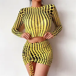 Y-L Autumn Dot Print Two Piece Sets Women Sexy Mesh O Neck Long Sleeve Tops and Shirring Asymmetrical Bodycon Skirts 220221