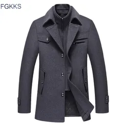 FGKKS Men Winter Wool Coat Men's New Fashion Warm Thick Comfortable Wool Blends Woolen Pea Coat Male Trench Coat Overcoat 201120