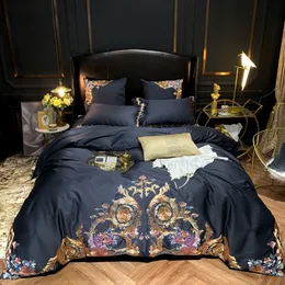 Luksusowa Egipska Bawełna Navy Blue Pościel Zestaw Premium Haft US Queen King Size 4/6 Sztuk Duvet Pokrywa Bed Arkusze Poduszki Shams 201199