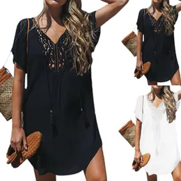 Saronger 2021 Chiffon Tassels Beach Wear Kvinnor Baddräkt Skal upp Baddräkter Sommar MINI Dress Loose Solid Pareo UPS1