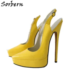 Sorback Yellow Shiny Women Slingback 펌프 신발 지적 발가락 크기 US12 플랫폼 여름 신발 20cm 하이힐 맞춤 색상