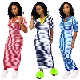 Women Big V-neck Striped Dresses Women Striped Print Middle Sleeve Fashion Casual Hot Sale Dresses