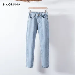 BIAORUINA Women's Washing Light Blue Bleached Jeans Female Fashion High Waist Straight Jeans Ladies Casual Streetwear Jeans 201105