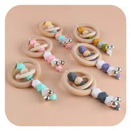 Ins handwork Baby Teether Rings Food Grade Beech Wood Teething silicone teething beads baby toys Chew Toys Infant Feeding