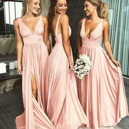 Vestidos de dama de honor sexy con cuello en V, tallas grandes, largo, sin espalda, lado alto, longitud hasta el suelo, plisados, vestido de invitados de boda drapeado, dama de Hono239O