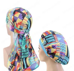 Nya män afrikanskt mönster tryck silkeslen Durag och motorhuven 2st Set Women Ankara Bonnet Cap Men Long Tail Durag