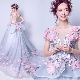 Princess Pale Blue Ball Gown Prom Dresses 3D Floral Flowers Appliques Embroidery Lace Long Formal Evening Gowns Sweet 16 Dress Peplum Ruffle