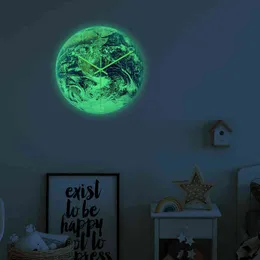 Lysande Earth Digital väggklocka för heminredning Vardagsrum Sovrum Round Art Quartz Watch Acrylic Fluorescerande dekoration Klocka H1230