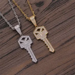 Luxury Diamond Key Necklace Pendant Iced Out Zircon Gold Silver Plated Mens Bling Hip Hop Jewelry