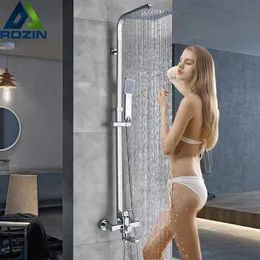 Rozin Chrome Shower Cabin Set Набор ванной Дождь Душевая смесители полотенце Поворотный носик Ванна Душевая крана Крана горячего холодного смесителя T200710