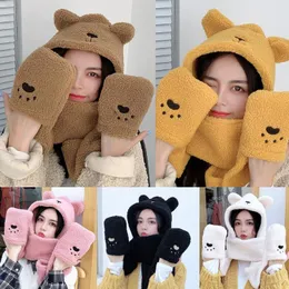 Women Winter 3 In 1 Fuzzy Plush Warm Hooded Scarf Hat Gloves Set Cute Bear Ears Animal Faux Wool Earflap Cap Mittens