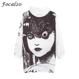 Focal20 Streetwear Junji ITOU 만화 인쇄 대형 여성 후드 자켓 애니메이션 까마귀 풀오버 자켓 코트 아웃웨어 Streetwear 201023