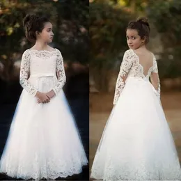 Prosta Tulle Długość Flower Dresses Girls 'Dresses na Wedding Party Lace Długie Rękawy V Backless First Communion Sukienka