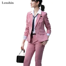 Lenshin 2 Piece Set Kobiety Ubrania Moda Paski Blazer i Spodnie Office Lady Ol Style Formalne Kombinezony 200923