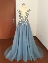 Berta Pale Blue Colorful Flowers Prom Dresses A Line Illusion Plunging V Neckline 3D Floral Appliqued Beads Peals Flowy Long Evening Gowns