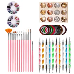 NAK001 Nail Art Tool kits with 15pcs nails Painting Brushes Dotting pen tinFoil sticker set Manicure Tape Color Rhinestones