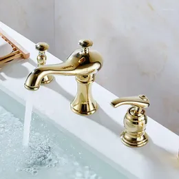 Bathroom Sink Faucets 3 PCS Brass Faucet Three Hole Basin Mixer Taps Cold Water Tap With Drain Soap Dispenser Chrome Gold1