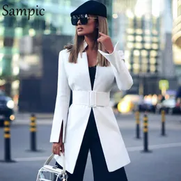 Damskie Garnitury Blazers Sampic Moda Curl Down Collar Women Casual Luźna Jesień Oversized Sashes Blazer Sukienka Kurtka Z Długim Rękawem White Bl