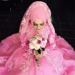 Muslimische elegante rosa Plus-Size-Kleider mit langen Ärmeln, Applikationen, Spitze, Brautkleider, Sweep-Zug, A-Linie, Hochzeitskleid, Vestidos de Noiva