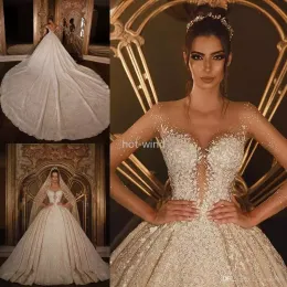 African Luxurious Ball Gown Wedding Dresses Beaded Lace 3D Appliques Crystal Plus Storlek Bröllopklänningar 2022 EE