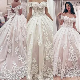 New African Arabic Sexy A Line Wedding Dresses Off Shoulder Full Lace Appliques Beads Tulle Ball Gown Corset Back Formal Bridal Gowns