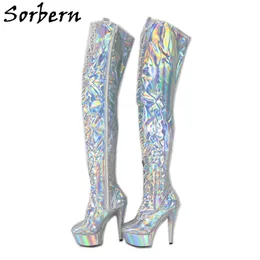 Sorbern Silver Holo Mid Uda High Boots Women 15 cm Obcina Egzotyczne buty taneczne Strippel Obcina Niestandardowa szerokość i długość nogi