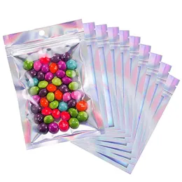100個の再封印可能なマイラーバッグホログラフィックカラー多サイズの臭い防止バッグクリアジップフードキャンディーの収納包装袋