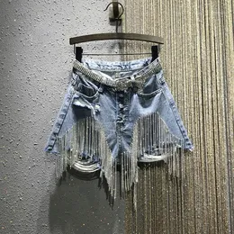 2020 Летняя новая разорванная высокая талия горный хрусталь кисточкой цепь тонкий подходят прямые джинсовые шорты женские джинты короткие джинсы1