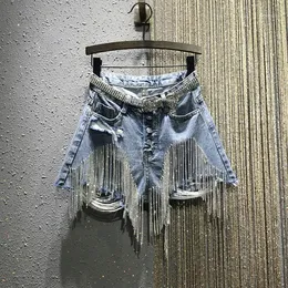 2020 Sommar Ny Ripped High Waist Rhinestone Tassel Chain Slim-Fit Straight-Ben Denim Shorts Kvinnors Jean Shorts Short Jeans1