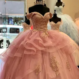 Puffy Pink Lace Vestidos de Quinceanera Ball Gown Prom Dress Off The Shoulder Tiered Tulle Graduation Party Dress