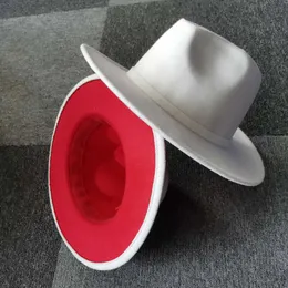 傾向の外側の白い内側の赤いパッチワークの女性の人工的なウールフェルトジャズFedora帽子レディースフラットブリムパナマTrilby Party Hat 60 cm