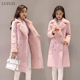 Luzuzi camurça pele mulheres jaqueta de inverno moda grossa faux sheepskin longo casaco feminino outono casaco de trench quente sólido