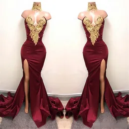 2020 Złote Koronkowe Aplikacje Sexy Mermaid Sweetheart Wysokiej Neck Front Split Prom Dress Burgundia Elastyczna Satin Sukienka wieczorowa Vestido Curto