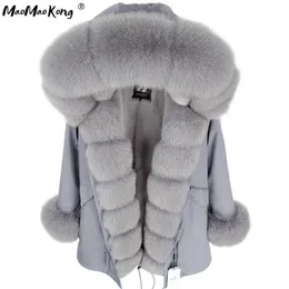 Maomaokong Gri Doğal Gerçek Fox Kürk Ceket Palto Kadın Moda Gerçek Kürk Uzun Parkas Kış Siyah Parka T200902