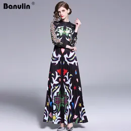 Banulin Runway Long Maxi Dress Women High Quality Charming Floral Long Sleeve Patchwork Elegant Vintage Floor Length Dress 201204