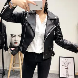 FTLZZ New Autumn Women Pu Leather Jacket Woman Zipper Belt Short Coat Female Black Punk Bomber Faux Leather Outwear 201214