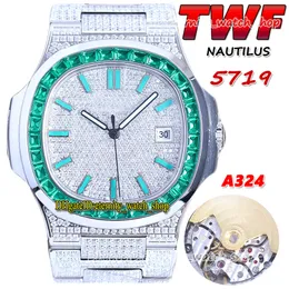2022 TWF 5719 PP324 A324 Relógio masculino automático Pavimentado Totalmente gelado Diamantes Mostrador verde T Diamante Bisel Vara Pulseira de aço inoxidável Eternidade Super Jóias Relógios