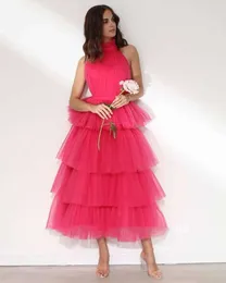 Sexy Backless Fuchsia Pink Prom Dresses 2022 High Neck A-Line Tea Length Tiered Evening Dresses Girls Homecoming Graduation Gowns Woman Special Occasion Wear