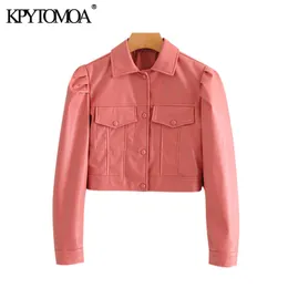 KPYTOMOA Frauen Mode Faux Leder Gestellte Moto Biker Jacke Mantel Vintage Langarm Taschen Weibliche Oberbekleidung Chic Tops 201030