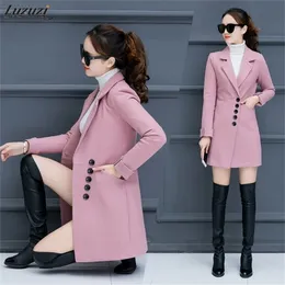 Luzuzi Women's Woolen Coat Koreansk version 2021 Ny Höst och Vinter Fashion Slim Long Woolen Coat Vinter Wool Jackor Kvinna 201216