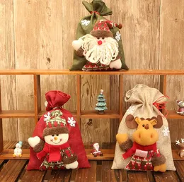 3スタイルのクリスマスの装飾巾着ギフトバッグリネンキャンディーバッグ漫画サンタクローススノーマンエルククリスマスギフトバッグポーチクリスマスアップルバッグ