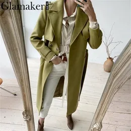 Glamaker Cep Bandajı Katı Renk Sıcak Palto Kış Sonbahar Zarif Uzun Ceket Kadın Moda Ceket Yeşil Gri Dış Giyim 201218