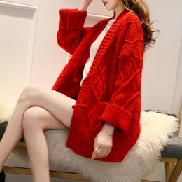Ny design kvinnor koreanska mode grov ull stickat medium lång lös tröja kappa casacos smlxlxxl