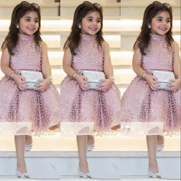New Dusty Pink Girls Pageant High Neck Pearls Lace Flower Girl Dresses Short Knee Length Kids Wear Birthday Party Communion Dress