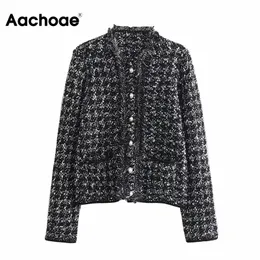 Aachoae Frauen Elegant Plaid Mantel Langarm Vintage Tweed Jacke Tasche Quaste Stilvolle Chic Mantel Oberbekleidung Herbst Frühling 201029