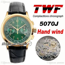 TWF Platinum Compliacttions Chronograph 5070J Automatik-Herrenuhr mit Handaufzug, 18 Karat Gelbgold, grünes Zifferblatt, schwarzes Leder, PTPP Puretime P5c3