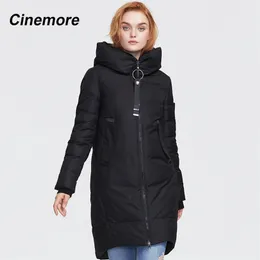 Cinemore 겨울 새로운 여성의 대형 캐주얼 코 튼 자켓 블랙 셔츠 긴 숙녀 후드 겨울 따뜻한 생물학적 털이 9980 201217