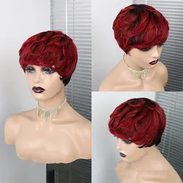 ショートピクシーカットストレートヘアウィッグペルーレミー黒人女性のための人間の髪のかつら150％Glueless Machine