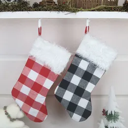 Buffalo Plaid Christmas Stocking Faux Fur Cuff Spis Hängande gåvor Väska Familjesemester Xmas Party Decor jk2011ph